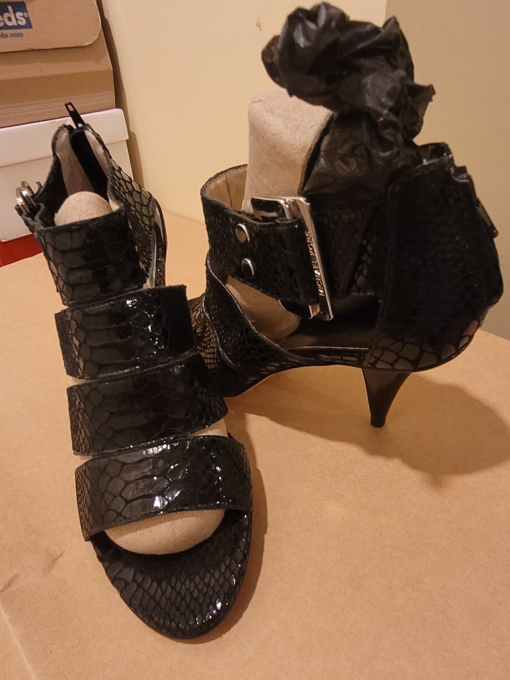 Michael Kors Black Snakeskin-Texture Strappy Kitten Heel Sandals